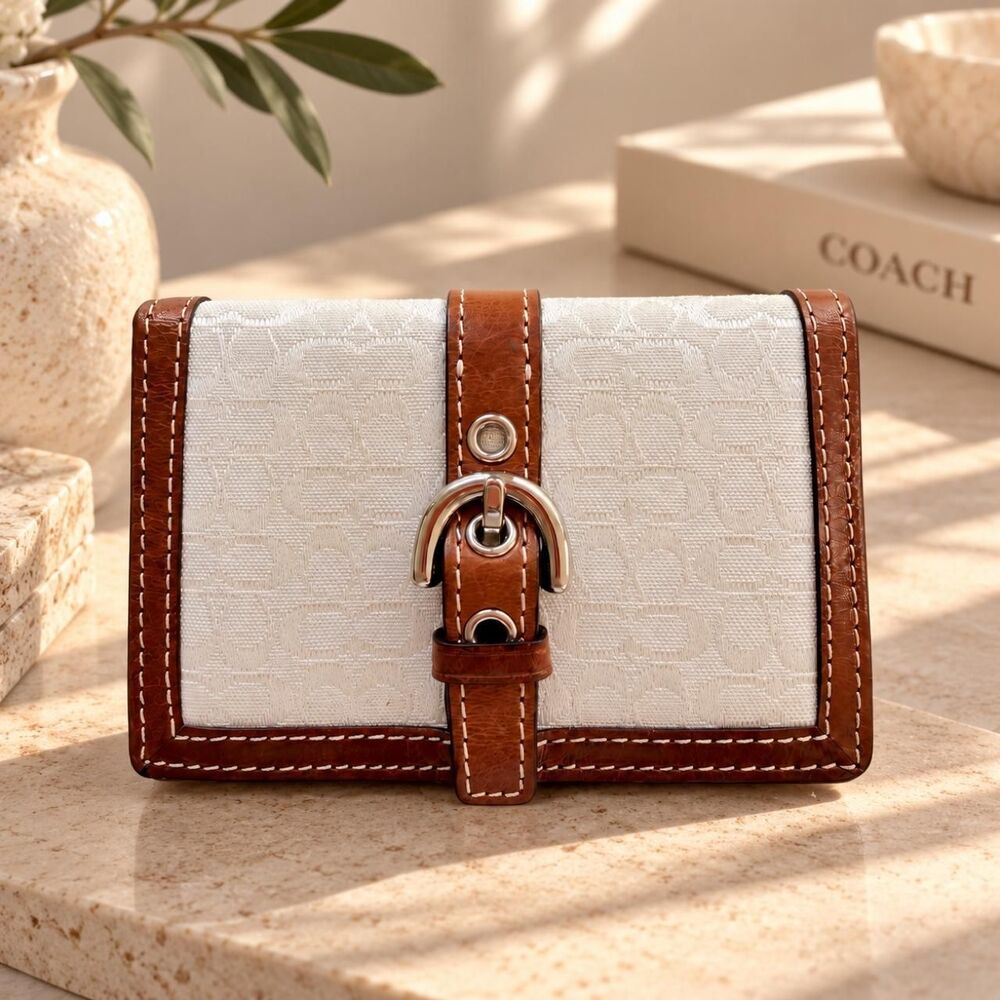 VTG Coach Soho Mini Buckle Wallet Ivory White Signature Canvas Brown Leather Y2K